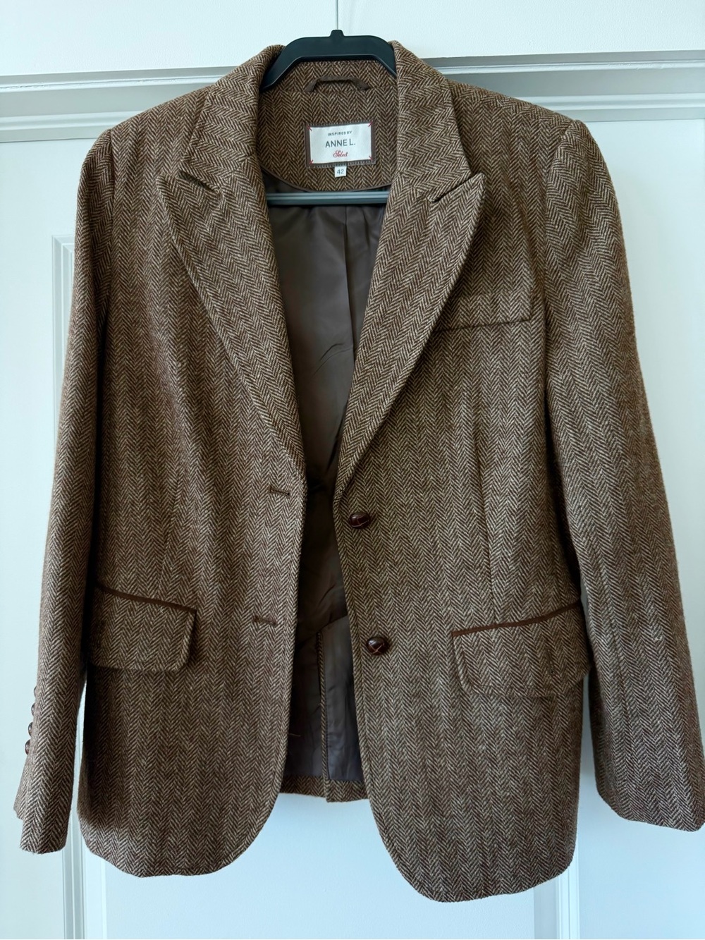 Anne L. Brown Herringbone Tweed Blazer Elbow Patches - Size 42